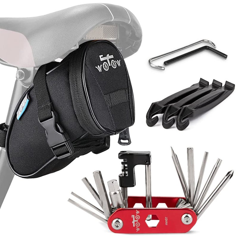 WOTOW Bike Repair Tool Kit & Bike Saddle Bag, 14 in 1 Bike Chain Tool Hex Key Wrench Maintain Accessories Multitool Set with Portable Under Seat Bag for Road Mountain Commuter Bicycle(Red) - Image 1